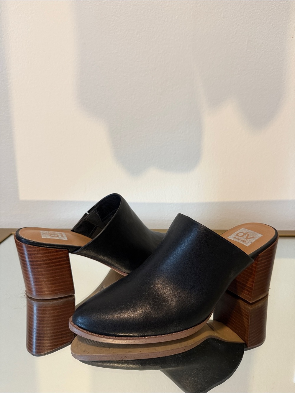 DV by Dolce Vita Black Leather Mule Heels with Wood Block Heel